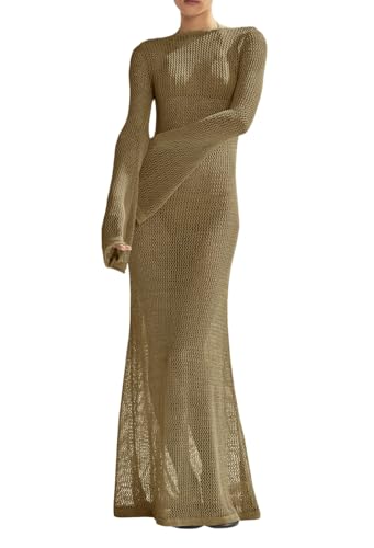 Saodimallsu Womens Crochet Cover Ups Long Sleeve Sexy Mesh Backless Knit Swimsuit Coverup Beach Maxi Dress Khaki