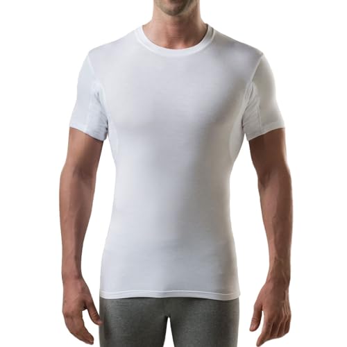 Men's Sweatproof Undershirt | Crew Neck T-Shirt with Underarm Sweat Pads | Slim Fit | Aluminum-Free Alternative | White | Medium