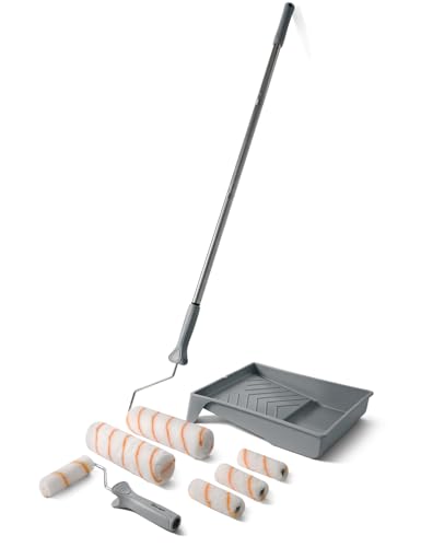 ROLLINGDOG Paint Roller Kit with Extension Pole - 9 Inch Paint Roller with Tray, 4Inch Mini Rollers,Stainless Steel Extension Pole (3ft)