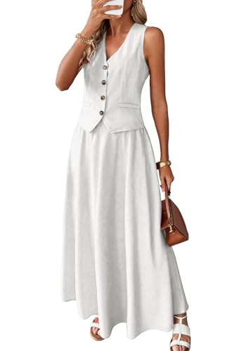 ELLEVEN Linen Sets for Women 2 Piece Skirt Outfits Summer Two Piece Vest Sets Going Out Maxi A-line Long Flowy Skirt Sleeveless Tank Top Casual Matching Dress Set Spring Vacation White X-Large