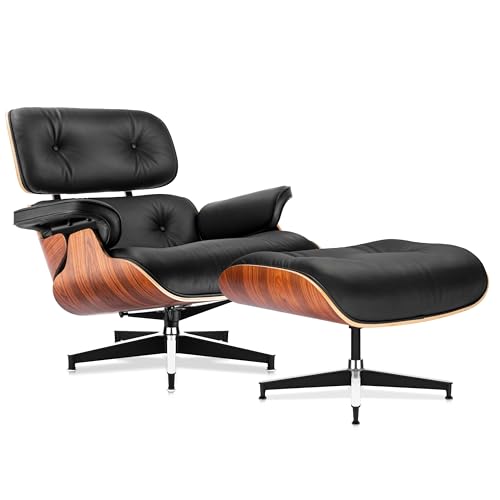 Mid Century Chaise Lounge Chair and Ottoman Top Grain Leather Classic Accent Chairs 360° swivel base with 15° Perma-tilt Quality Wooden Shell Lounge Chair for Living Room Study Reading - Palisander