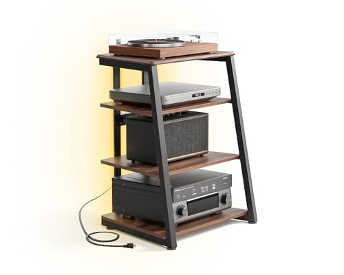 FITUEYES DESIGN 4-Tier AV Media Stand Corner Shelf with LED Backlight for Record Player Wooden Stereo Cabinet Audio Rack Tower with Height Adjustable Wooden Shelves for Xbox One