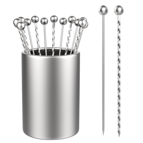 MILYARD 20 Pcs 4.3 Inch Metal Martini Picks with Holder Kit, 2 Types Stainless Steel Cocktail Toothpicks, Reusable Cocktail Skewers for Olives Appetizers Fruit (Smooth & Threaded)
