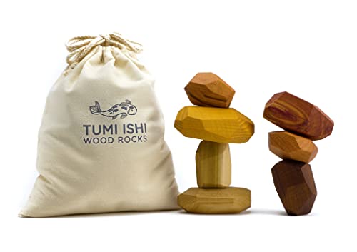 Tumi Ishi 7 Piece Wood Rock Set - Mixed Wood Species - Balancing Blocks - Natural Wood Toy - Organic Jojoba oil and Beeswax Finish - Handmade Wooden Toys - Sensory Toy - USA Made - Personalizable