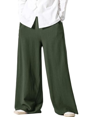 Flygo Mens Linen Pants Casual Wide Leg Baggy Pants Summer Cotton Elastic Waist Yoga Beach Palazzo Trousers(ArmyGreen-XL)