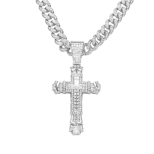 KNITUKL Iced Out Cuban Link Chain for Men, Miami Style Silver and Gold Plated Bling Necklace, Diamond Hip Hop Jewelry (Cross-A silver)