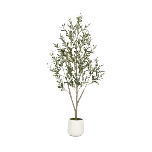 VIVATREES Olive Trees Artificial Indoor, 5FT Tall Faux Olive Tree with White Tall Planter, Artificial Plants with Natural Wood Trunk and Lifelike Fruits for Home Office Decor