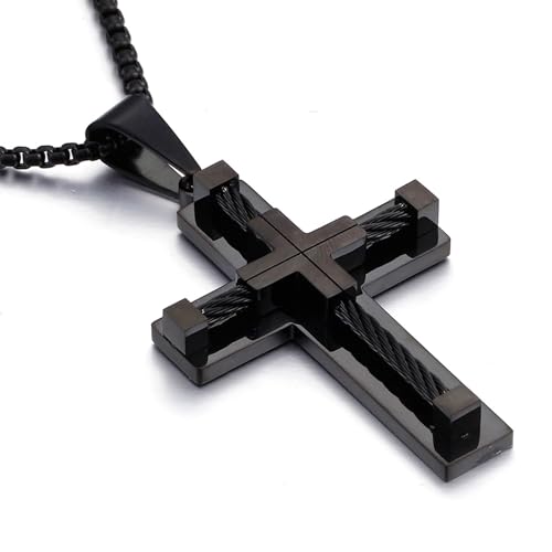 YL Men's Cross Necklace 316L Stainless Steel Large Jesus Christ Pendant Black Jewelry Rolo Chain for 24″