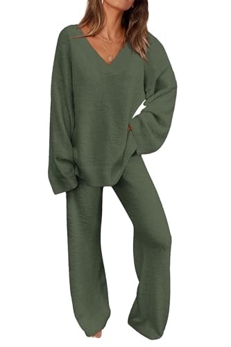 PRETTYGARDEN Lounge Sets for Women Two Piece Sweaters Pajama Set Fall Fashion 2025 Loungewear Outfits Matching Winter Clothes (Army Green,Large)
