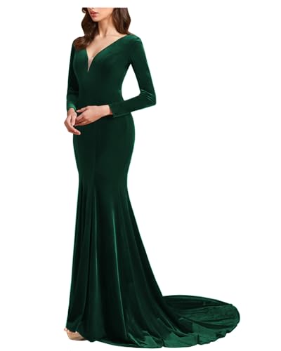 SZJMS Long Velvet Prom Dresses for Women V Neck Formal Dress Mermaid Evening Party Dress with Train Green US12