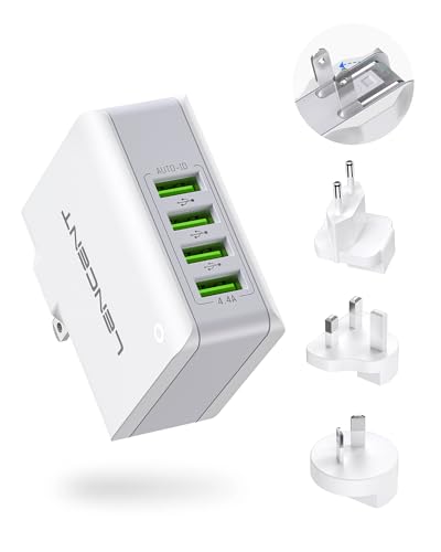 LENCENT Multiple USB Wall Charger, [22W/4.4A] 4 Port USB Travel Power Adapter, All in One Worldwide Cell Phone Charger With UK US EU European Australia, International Block Cube Plug for iPhone & IPad