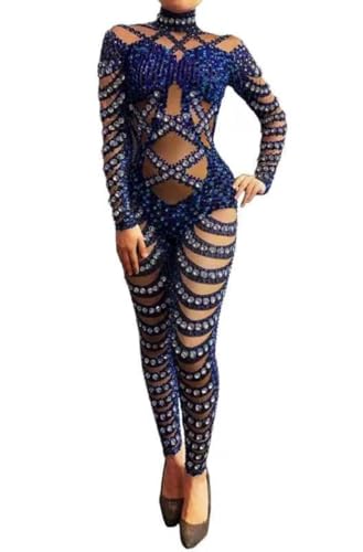 Women Dancer Outfit Luxury Rhinestone Transparent Long Sleeve Jumpsuit Stage Wear for Birthday Party Blue