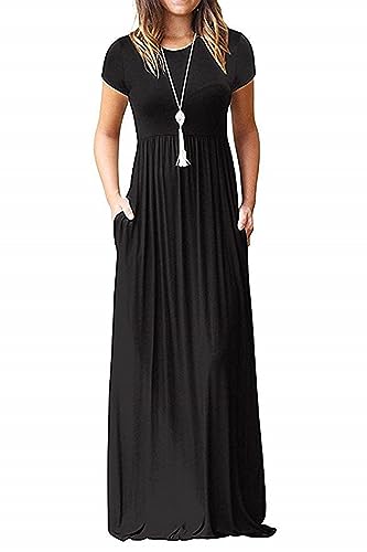 AUSELILY Women's Short Sleeve Loose Plain Casual Long Maxi Dresses for Women 2025 Black XL