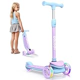 BELEEV Scooter for Kids Ages 3-12, 3 Wheel Folding Scooter for Toddlers Girls Boys, PU LED Light-Up Wheels, 4 Adjustable Height, Lean to Steer, Three Wheel Kick Scooters for Children (Purple)