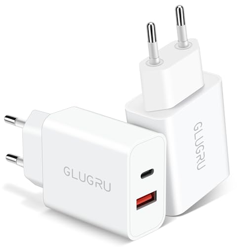European Travel Plug Adapter, GLUGRU 2-Pack 20W Dual Port USB C Wall Charger Type C Fast Charging Block International Power Adapter US to Europe EU for iPhone 16 15 14 13 12 11 Pro Max, iPad, Samsung