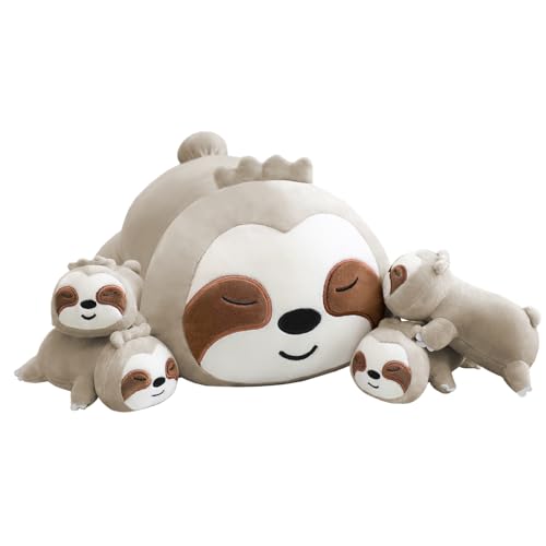 TOYSYM Sloth Stuffed Animal Cute Sloth Plush Pillow with 4 Baby Plushies in Her Tummy, Soft Cotton Stuffed Animals Toy Gifts for Kids