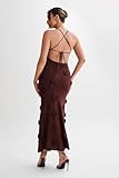 3D Flower Suspender Sexy Dress Floral Knitted and Buttocks Wrapped Long Skirt Backless Maxi Spaghetti Strap Tank Dress Bodycon Knitted Beach Long Dress Backless Swim Cover up Dress(Chestnut,M)