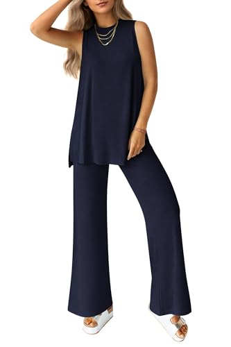 PRETTYGARDEN Women's 2 Piece Lounge Set 2025 Summer Casual Loose Tank Top Wide Leg Pants Matching Travel Outfits Tracksuit (Navy,Large)