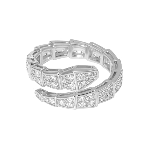 Aura & lrena Luxury Snake Ring for Women - Adjustable Open-Ended Statement Ring with AAA Cubic Zirconia, Platinum Plated Fashion Jewelry (Silver)
