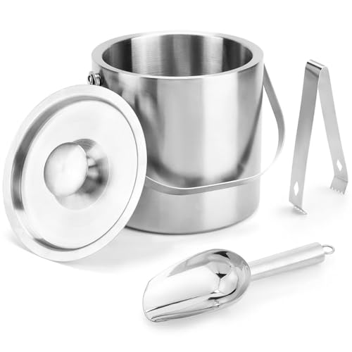 Portable Ice Buckets for Parties 3 Liter Double-Wall Ice Bucket with Lid,Scoop,Tongs,Handle- Stainless Steel Ice Container to Keep Ice Frozen Longer- Ideal for Cocktail Bar,Camping,Chilling Beer/Wine