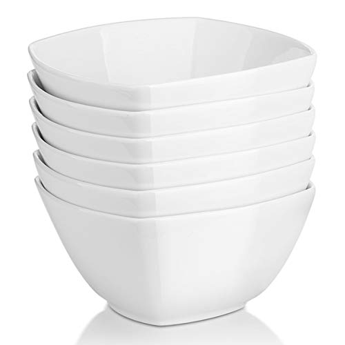 DOWAN Porcelain Soup Bowls Set of 6, 27 OZ Ceramic Square Cereal Bowls, White Bowl, for Ice Cream and Dessert Snack, Wedding Party Gift, Microwave Safe Bowl