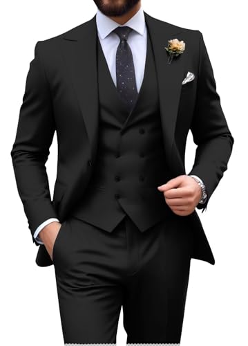 Mens Black Suit Slim Fit 3 Piece Double Breasted Suit Men Formal Wedding Groom Tuxedo Suit Blazer Vest Pants Set Medium
