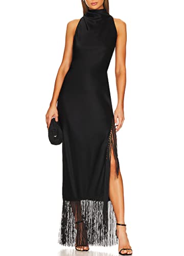 Aigeman Women Vintage Flapper Dresses 1920s Great Gatsby Halter Fringed Maxi Dress Tassels High Split Formal Dress 19(Large,Black)