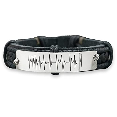 Personalized Ultrasound Bracelet, Heartbeat EKG, Custom Voice Sound Engraved, Silver and Black Leather Cuff