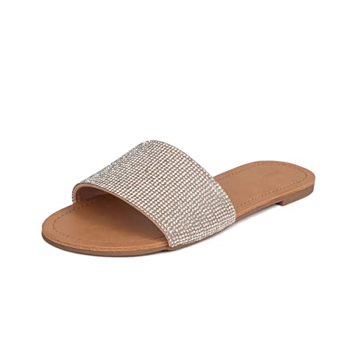 REDTOP Women's Slip on Sandals Slide Glitter Bling Casual Sandal Flat Open Toe Sparkle Slides Sliver Size 8