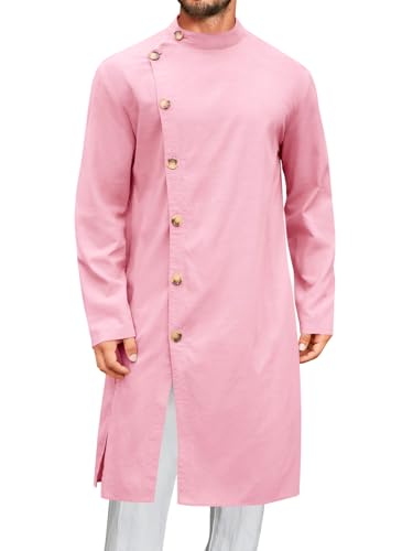 Runcati Mens Kaftan Thobe Button Down Long Sleeve Robe Casual Henley Shirt Cotton Muslim Gown Kurta Tops Pink