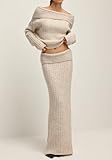 Kwunbwa Skirt Sets Women 2 Piece Outfits Off Shoulder Long Sleeve Sweater Bodycon Maxi Skirt Fall Knit Sweater Set