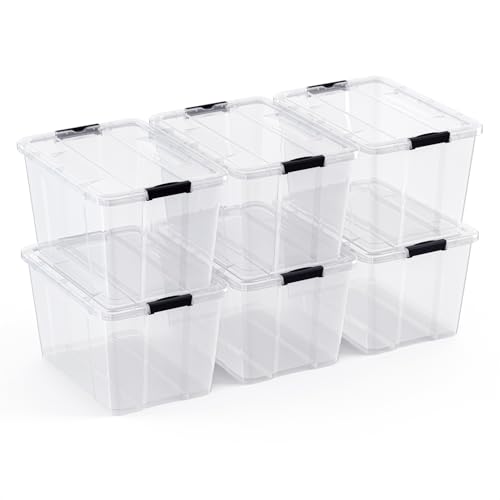 Lifetime Appliance Parts 6 Pack - 34 Qt. Plastic Storage Bin Tote Organizing Container with Ultra Durable Lid and Secure Latching Buckles, Stackable Extra Strength Clear with Black Handle