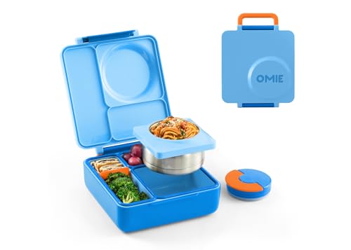OmieBox Bento Box for Kids - Insulated Bento Lunch Box with Leak Proof Vacuum Insulated Food Jar - 3 Compartments, 2 Temperature Zones (Blue Sky)