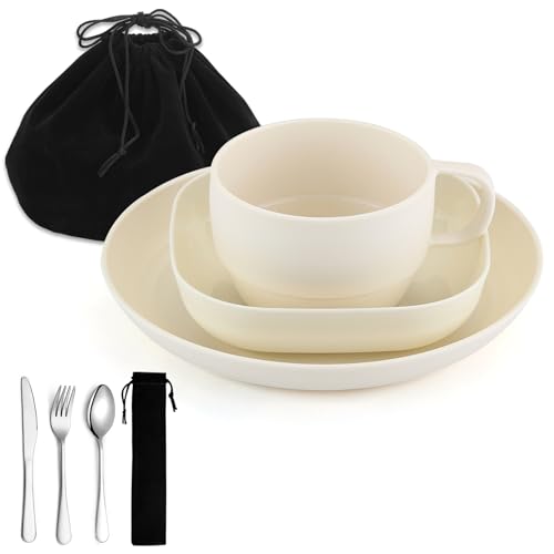Camping utensils set, ReaNea Camping Plates And Bowls Set With Coffee Mug, Travel Cutlery Set Include Spoon, Fork, Knife for Home, Poolside, Outdoor, Picnic, Camp