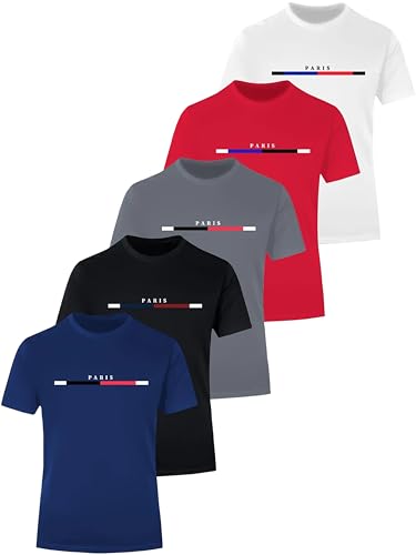 Men's Paris Graphic T-Shirt Quick-Dry Breathable Mesh Tees Letter Printed Short Sleeve Round Neck Casual Design Tops (US, Alpha, Medium, Regular, Regular, Black+Red+Grey+Navy+Whirte)