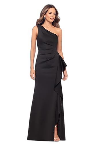 Xscape Women's One-Shoulder Gown with Cascading Ruffle Detail and Ruched Waist, Black, 8P