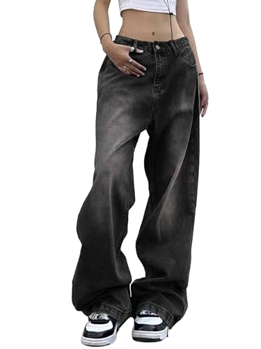 EMMIOL Women Wide Leg Jeans Trendy Mid-Low Waisted Denim Pants 90s Baggy Jeans Trouser Jeans with Pockets Black