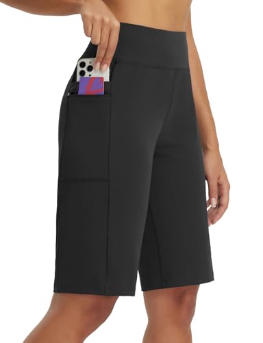 baleaf Women's Bermuda Shorts 12" Long Knee Length Running Athletic High Waist Zipper Pocket Quick Dry Loose Fit Black L