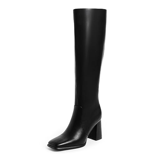 Modatope Knee High Boots Women Chunky Heel Black Womens Fall Boots High Heel Side Zipper Long Boots Heeled Square Toe Boots for Women Size 7