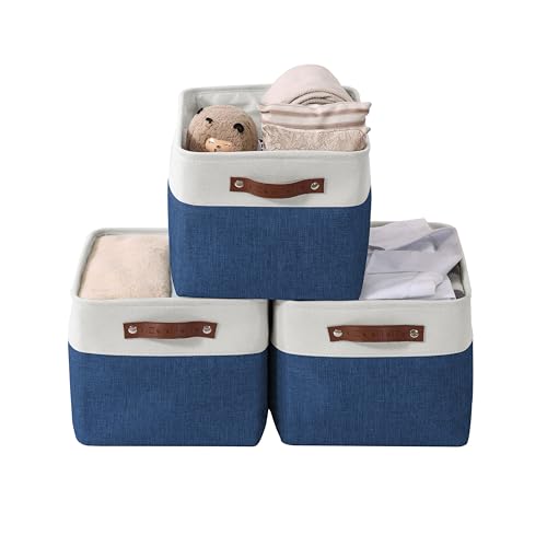 DECOMOMO Storage Bins Fabric Storage Baskets for Shelves, Linen Closet Organization Toys Nursery (Navy Blue and White, Large - 3 Pack)