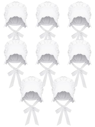 Hicarer White Bonnet Women Colonial Hat Mob Cap Bonnet Hat Grandma Mop Mob Lace with Adjustable Straps for Handmaids(8 Pcs)
