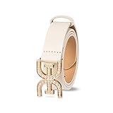 Sam Edelman Women's Pearl Embellished Double-E Logo Plaque Buckle Belt, Ivory, Small