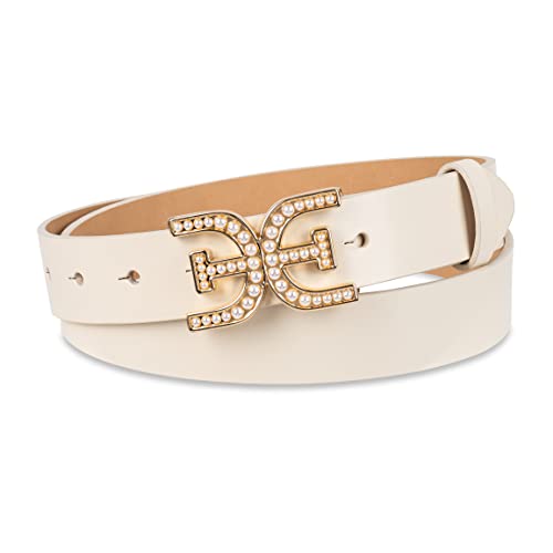 Sam Edelman Women's Pearl Embellished Double-E Logo Plaque Buckle Belt, Ivory, Small