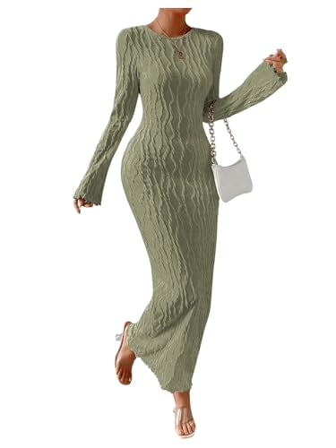 GORGLITTER Women's Long Sleeve Backless Dress Bodycon Textured Maxi Long Dresses Green Medium