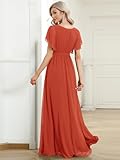 Ever-Pretty Women's Bridesmaid Dress V-Neck Ruffle Sleeves Ruched Bust Floor Length Chiffon Formal Dresses Burnt Orange US18