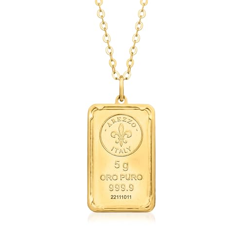 Ross-Simons Italian 24kt Yellow Gold Fleur-De-Lis 5-Gram Ingot Pendant Necklace With 14kt Gold Frame. 18 inches