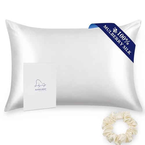 Alaska Bear Silk Pillowcase for Hair and Skin, 100% Mulberry Silk Pillow Cases Queen Size for Beauty Sleep with Random Scrunchy Gift Set Better Than Poly Satin Cover, 1pc, Cool White