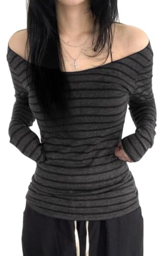 Stripe Shirts Women Y2K Long Sleeve Grunge T Shirt One Shoulder 90s Emo Top Deep Grey L