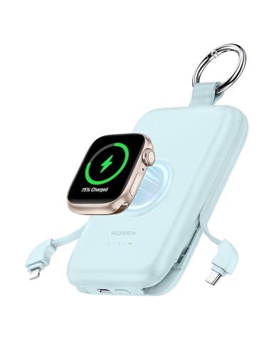 RORRY Portable Charger, 10000mAh PD 20W Fast Charging Portable Charger Power Bank with Built in Cables, Travel Battery Pack for iPhone 16/15/14/13/12/11 and Apple Watch Ultra/10/9/8/7/6/5/4/3, Blue
