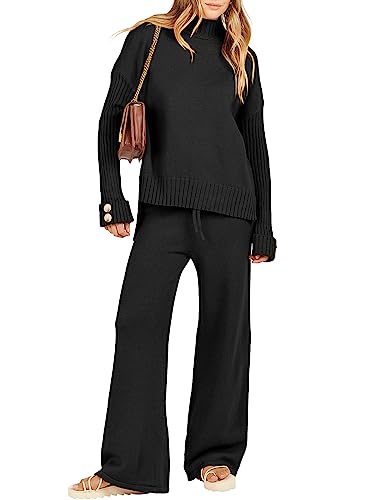 ANRABESS Women's 2 Piece Outfit Sweater Lounge Sets Long Sleeve Knit Pullover Wide Leg Pant Tracksuit Loungewear 2024 Fashion Black Small